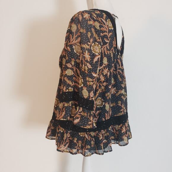 NEW!! Les Serein Women Size S BOHO Floral Peasant 3/4 Sleeve Blouse Top Navy - Picture 6 of 15